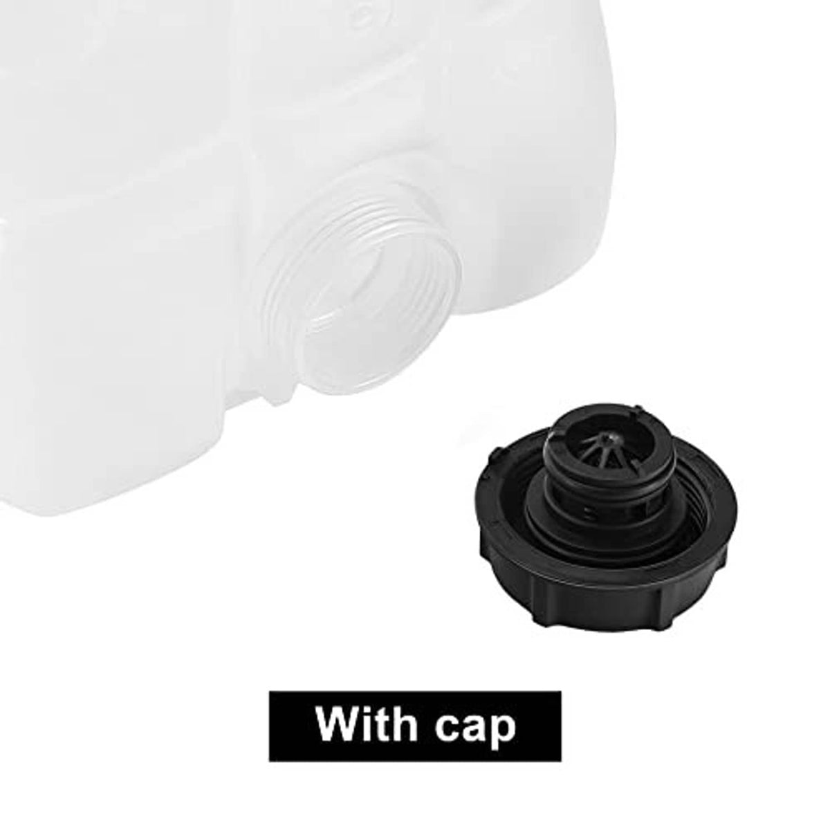 Coolant reservoir tank with separate black cap on white housing