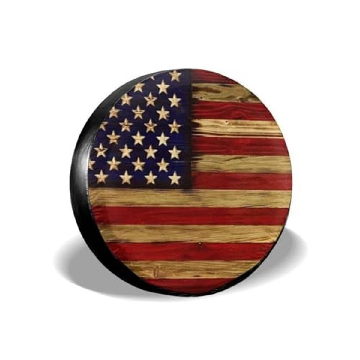 Round universal tire cover with American flag design and black border on a white background