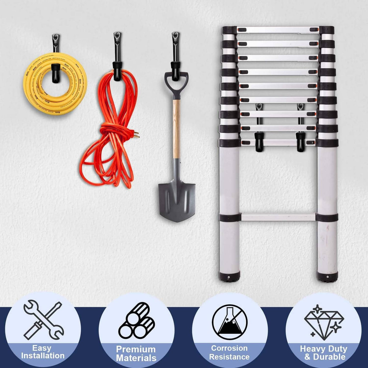 Black storage hooks with rubber-wrapped tips, shown with garage tools and cords