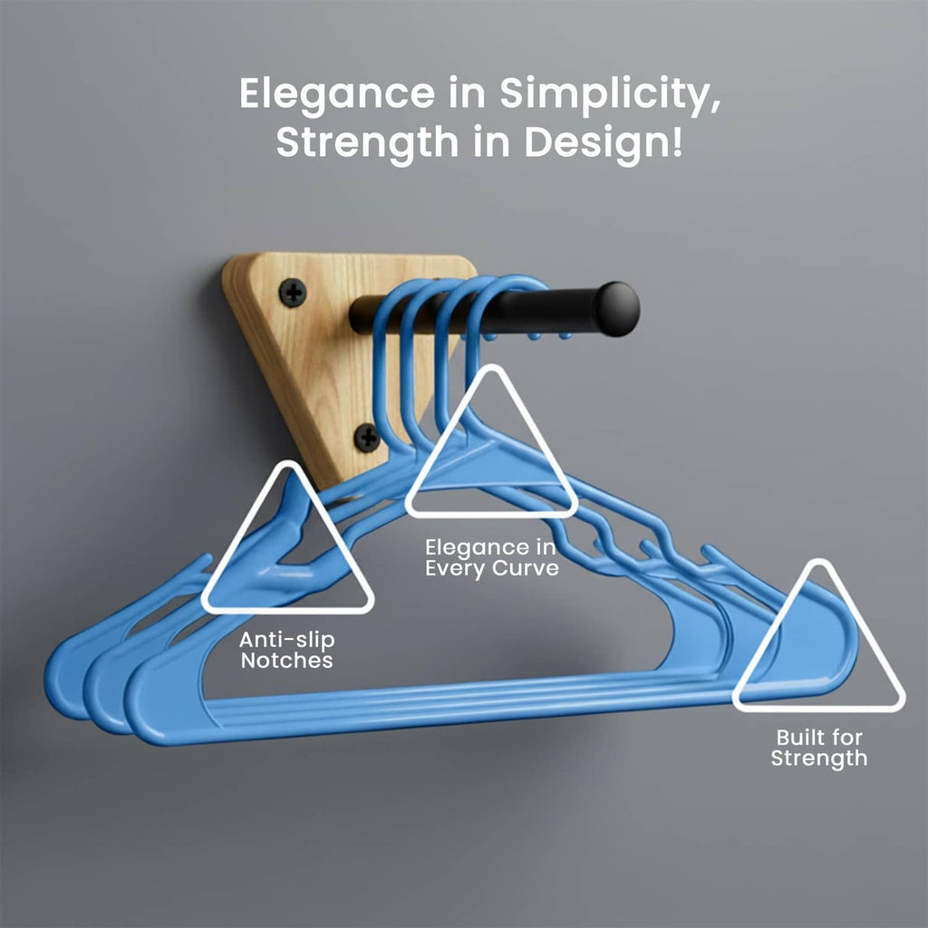 Blue plastic hangers with anti-slip notches and wall-mount style hook