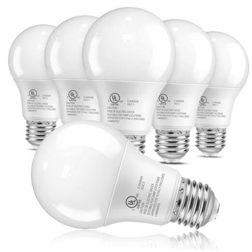 Pack of A19 LED light bulbs, soft white glow, glossy white bulb with E26 base