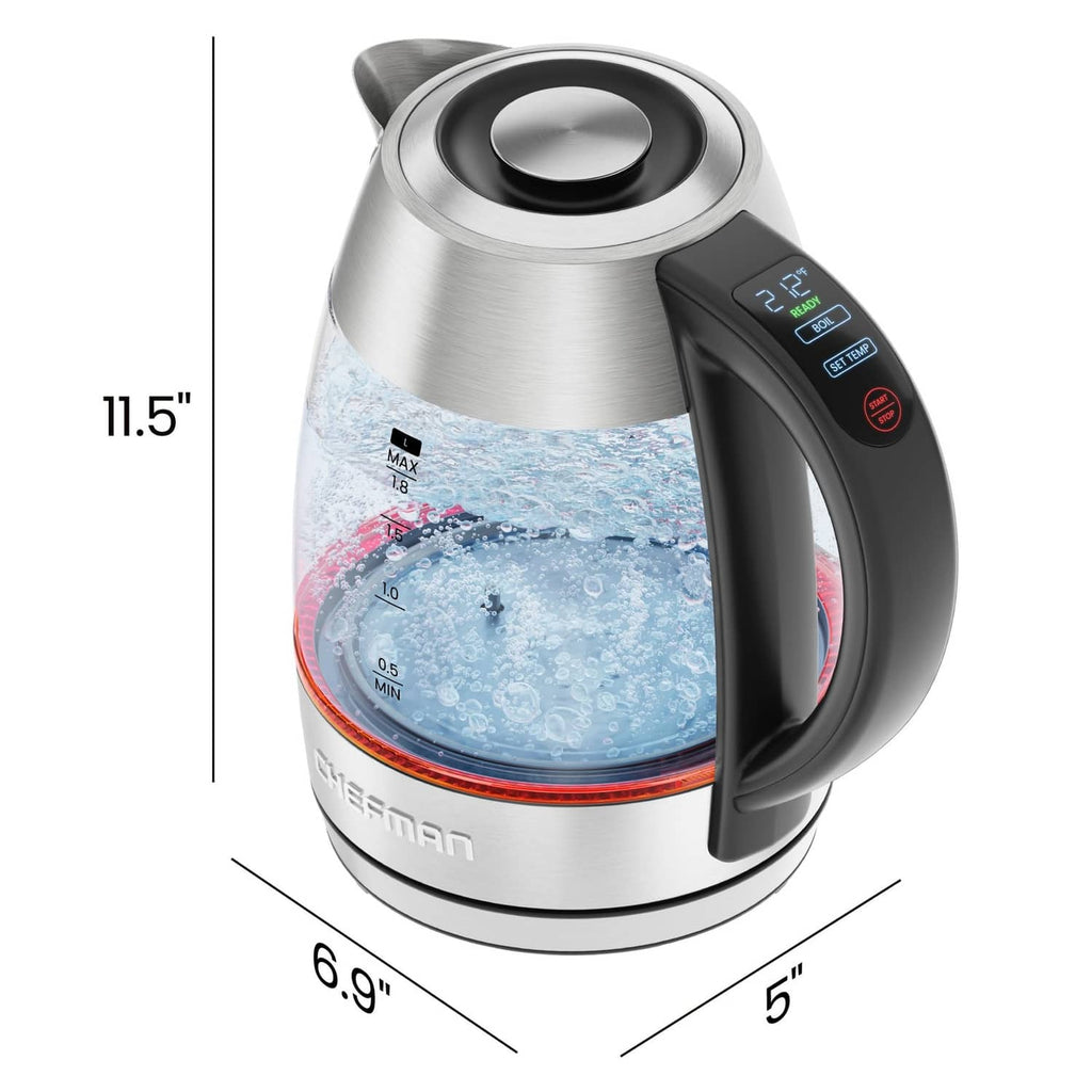Stainless steel electric kettle with black handle and digital base, shown with size marks.