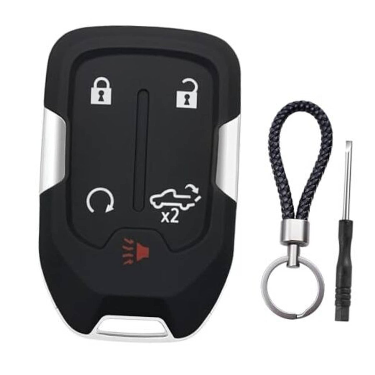 Black 5-button key fob shell case replacement with metal key ring and braided lanyard