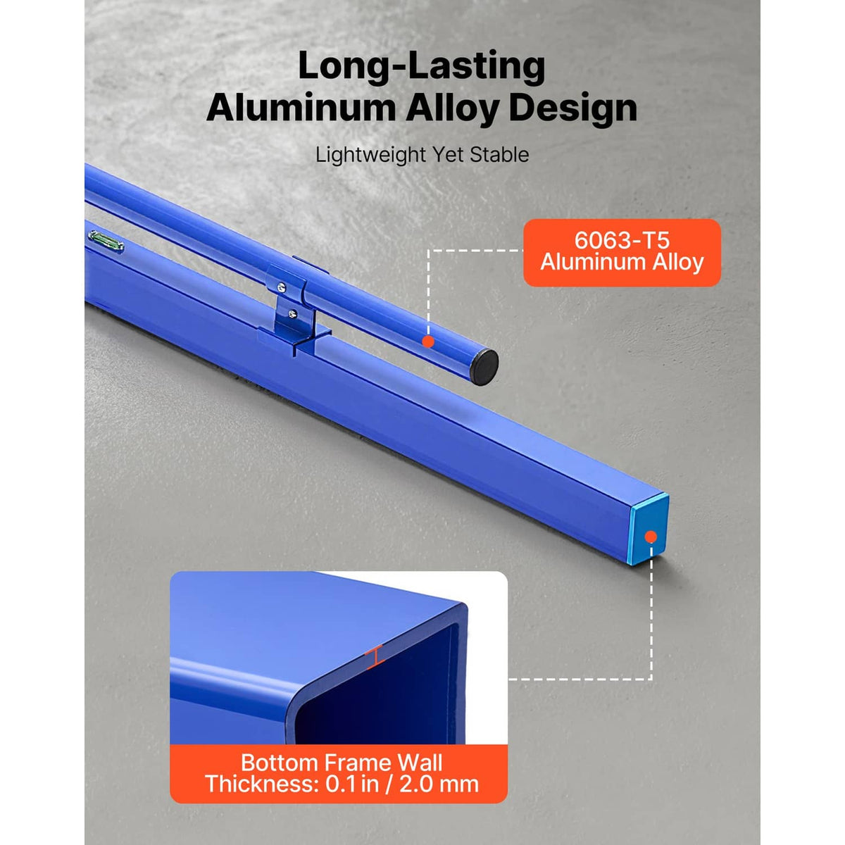 Blue aluminum alloy concrete screed board with end caps and side rail supports