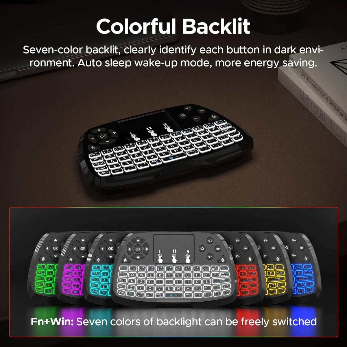 Black mini keyboard with touchpad, seven-color backlit keys and keyboard surface