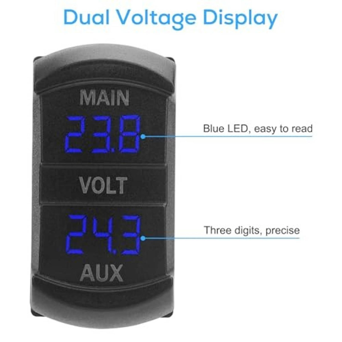 Black dual voltage display voltmeter with blue LED digits for MAIN and AUX