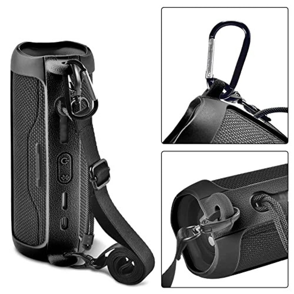 Silicone speaker case with lanyard strap and cutouts, dark gray mesh surface.