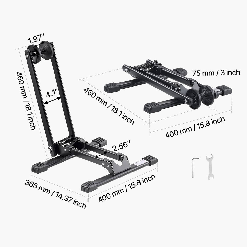 Black foldable bicycle stand shown with full size dimensions and tire support base