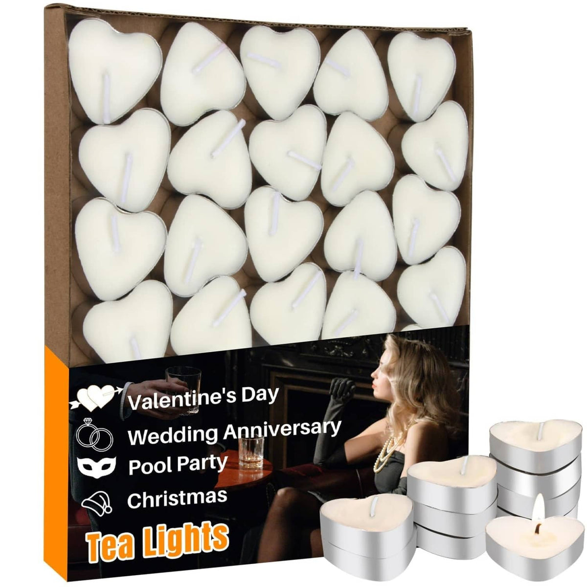 White heart-shaped tealight candles, unscented soy wax, smokeless 30-pack in box