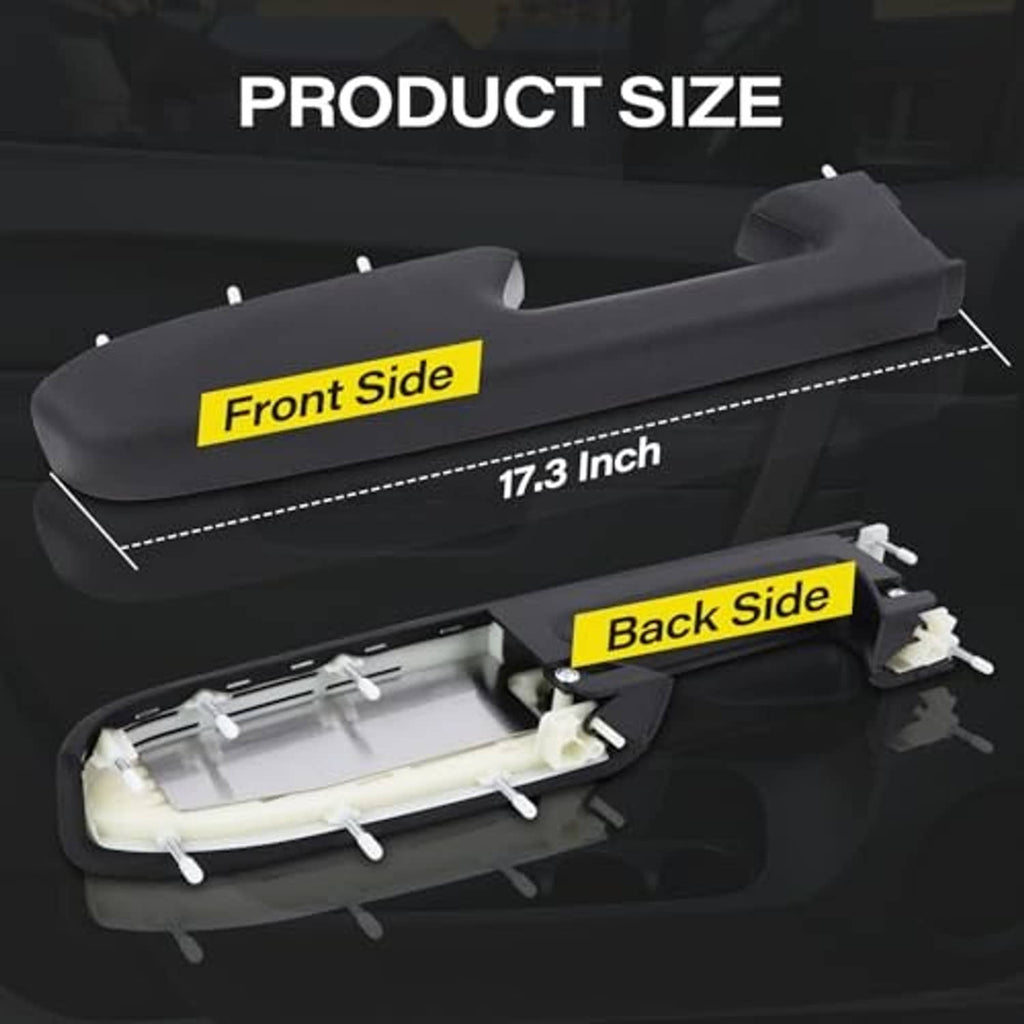 Black front driver-side armrest replacement cover, front and back sides, 17.3 in