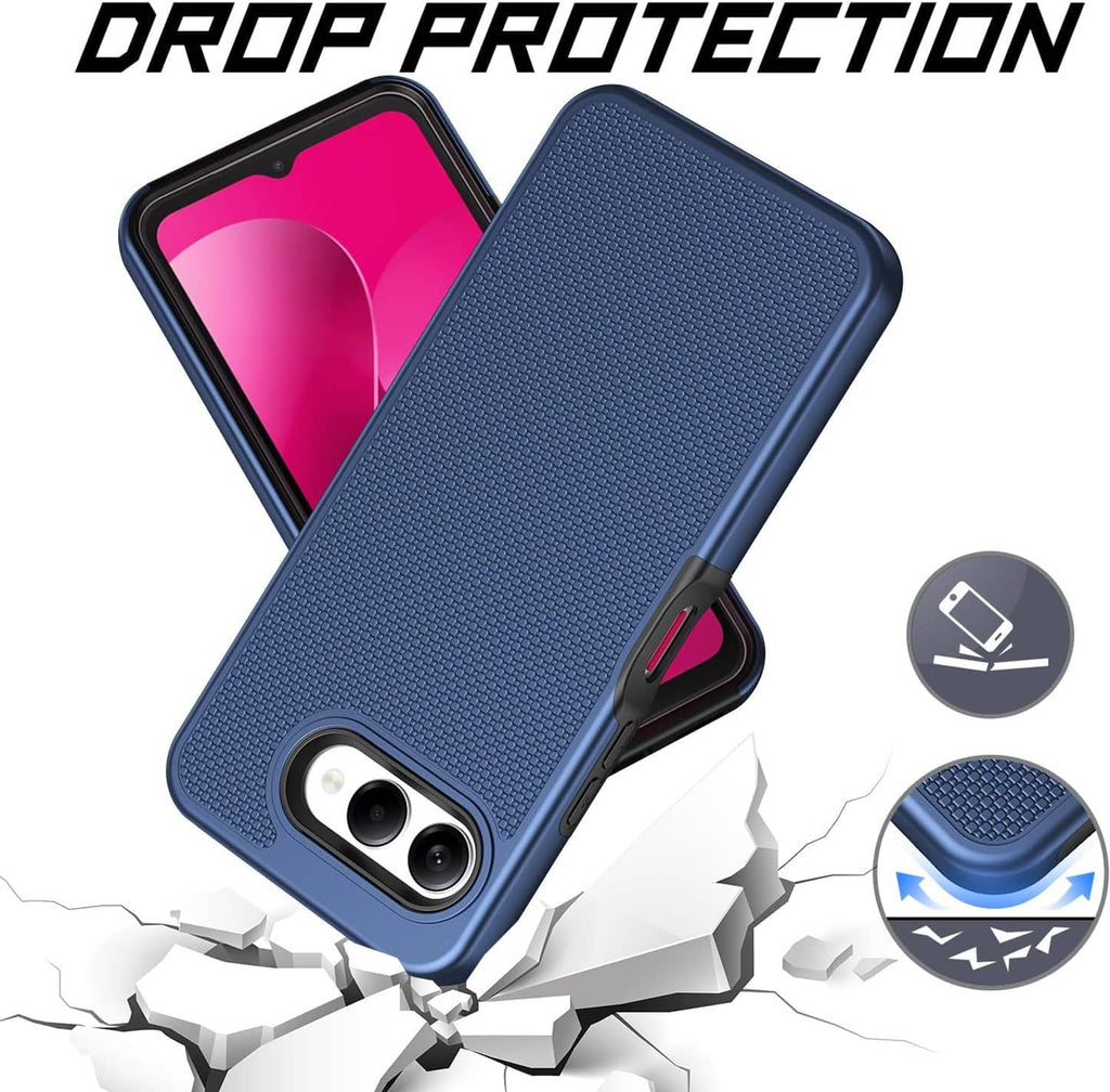 Blue rugged phone case with raised edges and camera cutout