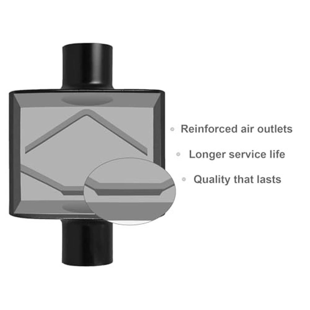 Black muffler with reinforced air outlet port illustration and short cylindrical outlet