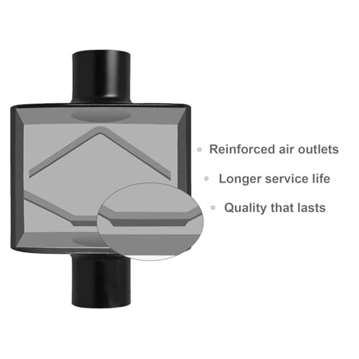 Black muffler with reinforced air outlet port illustration and short cylindrical outlet