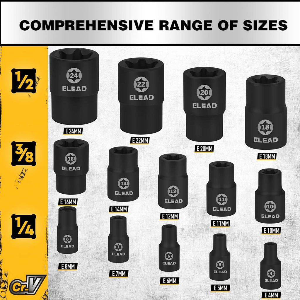 Assorted black E-torx sockets displayed in a size range layout