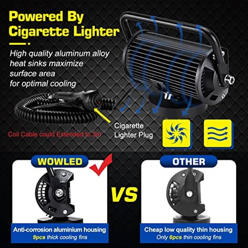 Cigarette-lighter powered LED work light with coil cord and aluminum housing