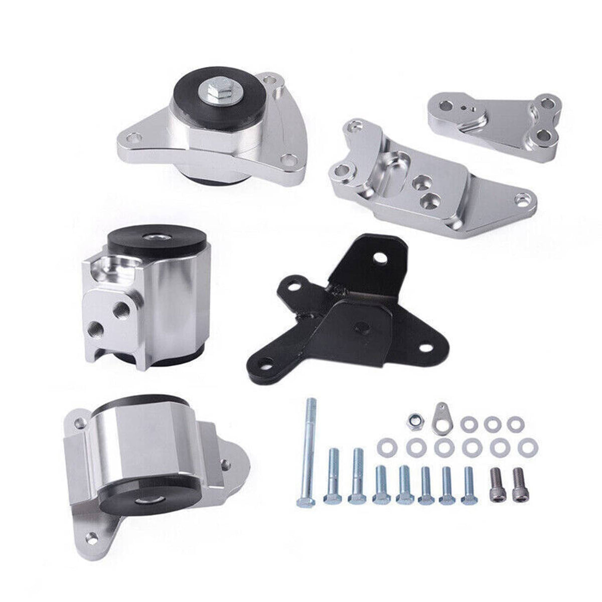 Engine motor mount set with aluminum brackets, black bracket pieces, and bolt hardware
