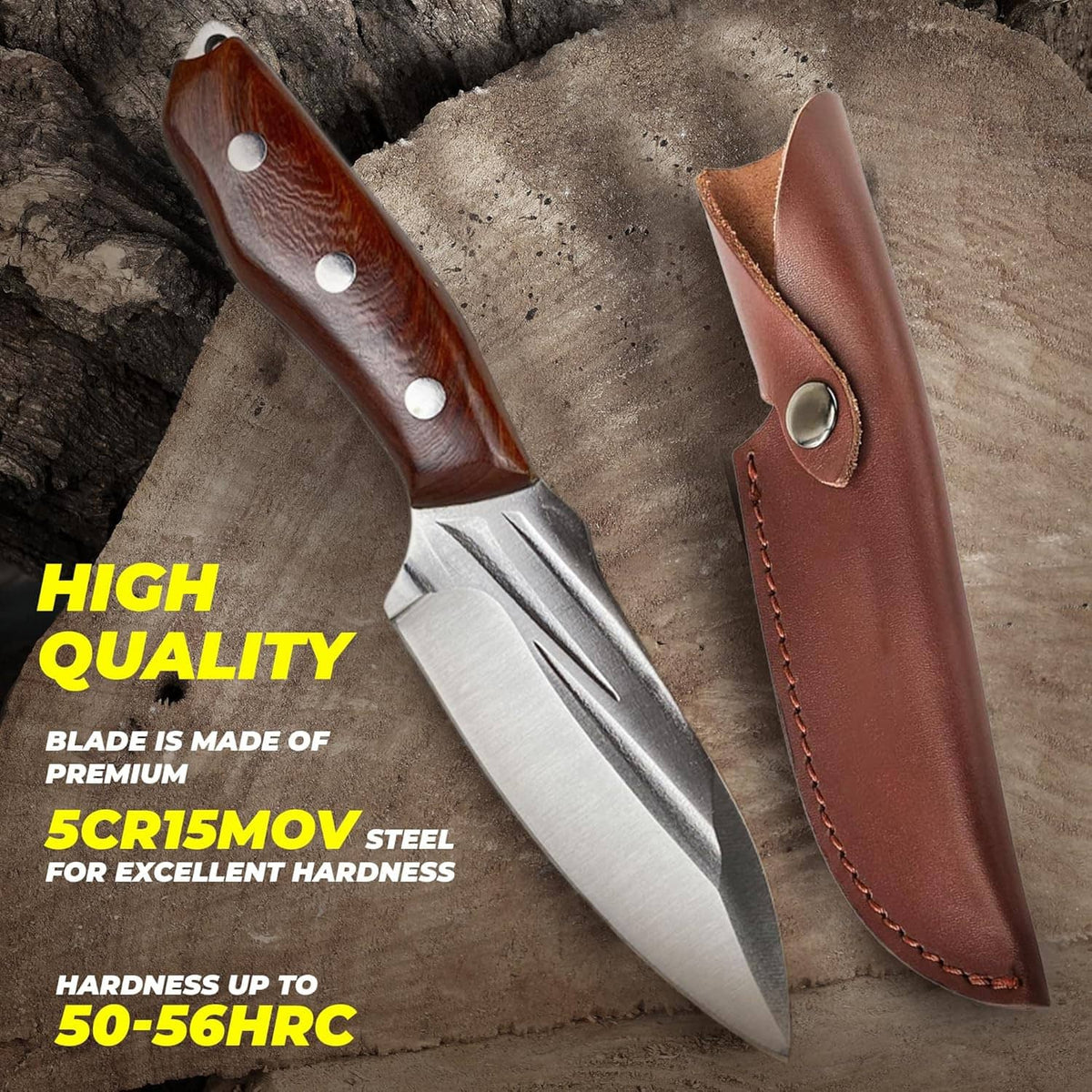 Fixed blade knife with dark wood handle and brown leather pocket sheath, angled view