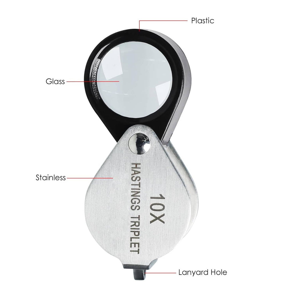 10X triplet loupe showing glass lens, plastic rim, stainless body, and lanyard hole