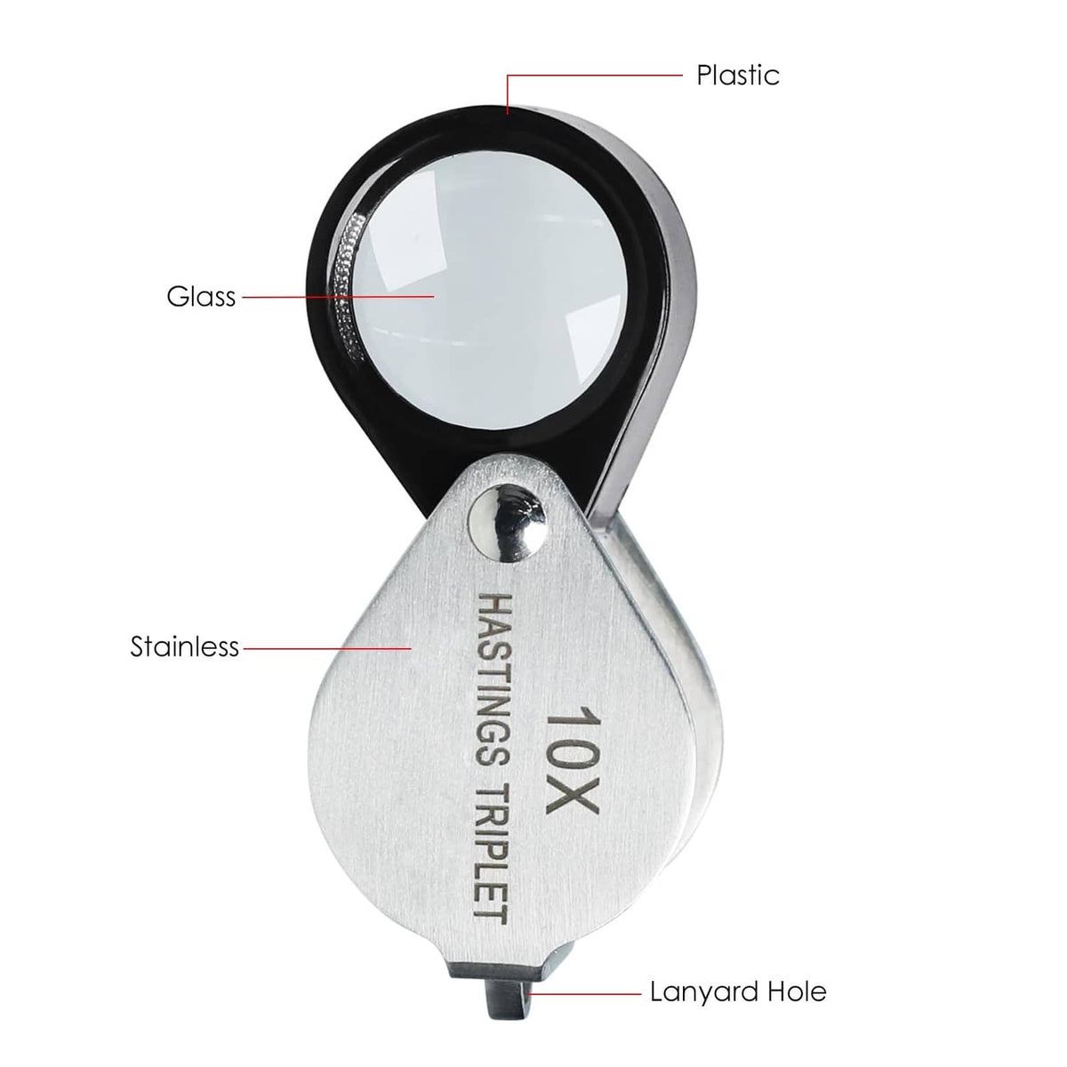 10X triplet loupe showing glass lens, plastic rim, stainless body, and lanyard hole