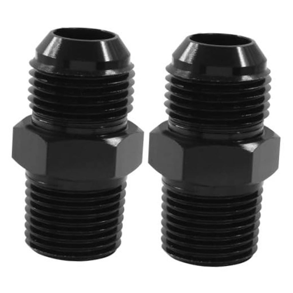 Black threaded pipe fitting adapter with hex body and flare opening