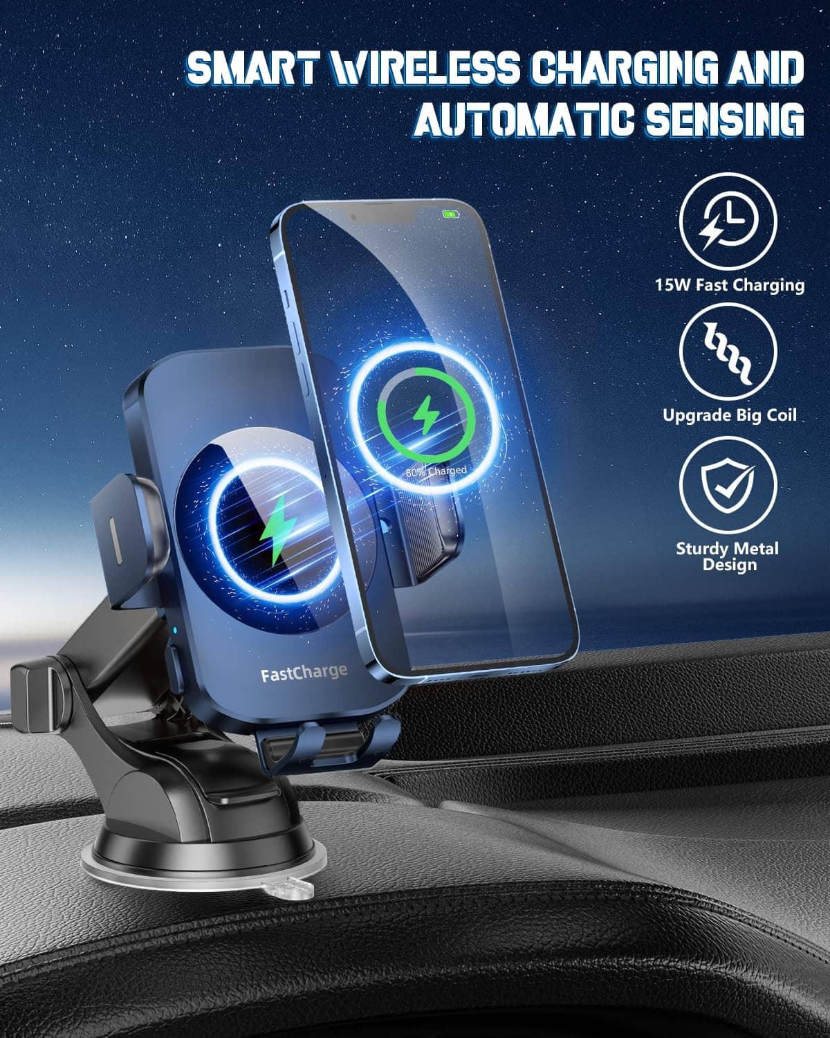 Wireless car charger mount holding a smartphone with glowing charging ring on dashboard