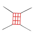 Red strike zone target grid with black poles and arched frame for baseball net