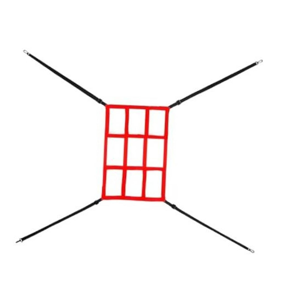 Red strike zone target grid with black poles and arched frame for baseball net
