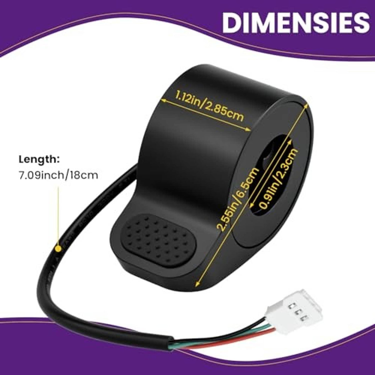 Black thumb throttle with protective cover and curved cable, shown with size markings