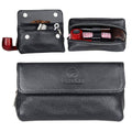 Black leather two-pipe pouch shown front and open with internal compartments