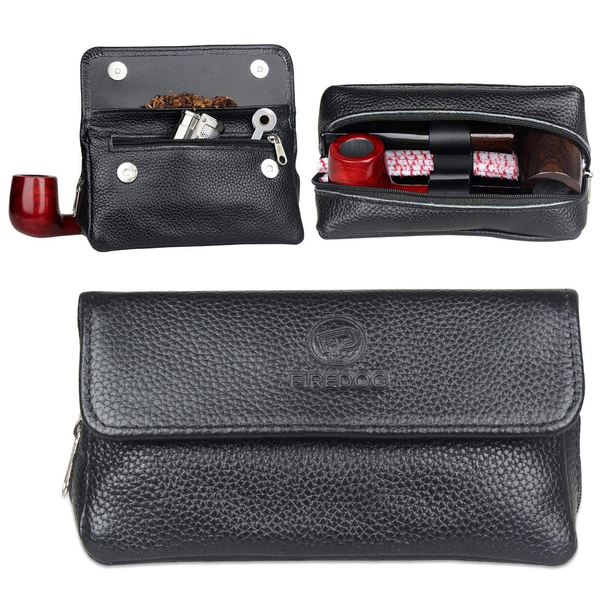 Black leather two-pipe pouch shown front and open with internal compartments