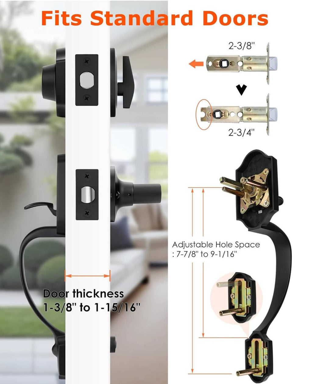 Matte black door handle deadbolt set with adjustable latch and installation dimensions