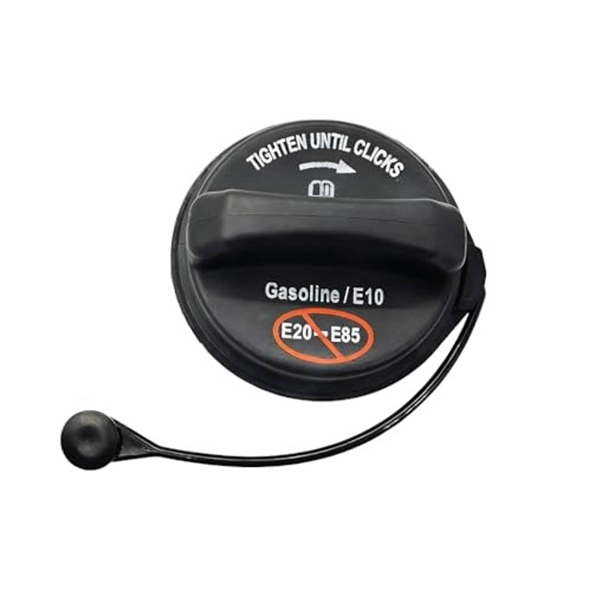 Gas tank cap with tether string, black cap showing Gasoline/E10 and E20–E85 markings