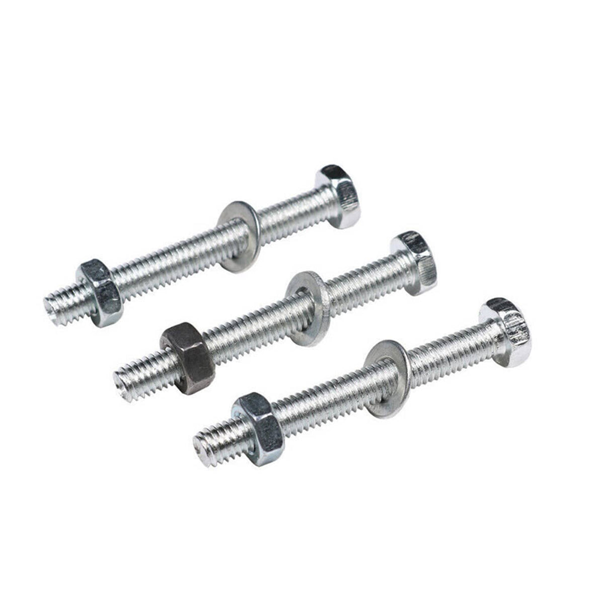 Set of threaded bolts with hex heads and washers