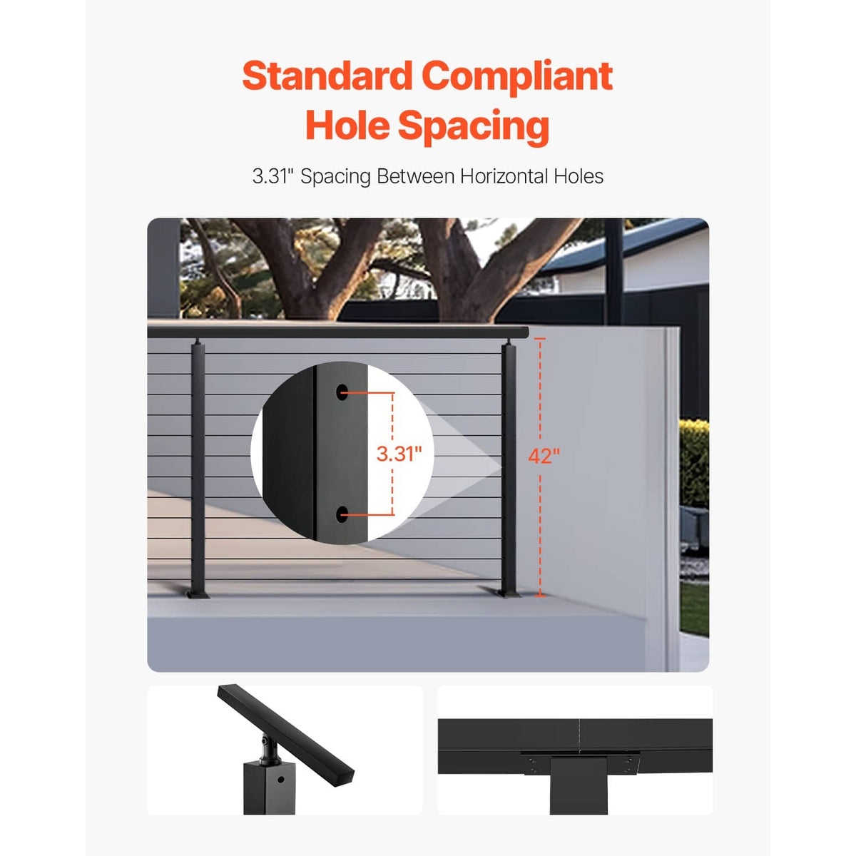 Railing post with standard hole spacing diagram and 42 in height marking