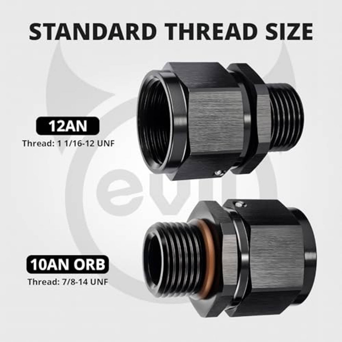 Two-piece AN adapter fitting set with black threads, silver sealing ring, hex bodies