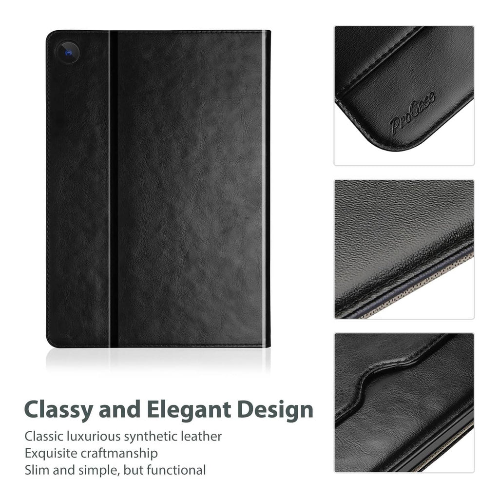 Black textured folio tablet case with stitched edges and corner detail