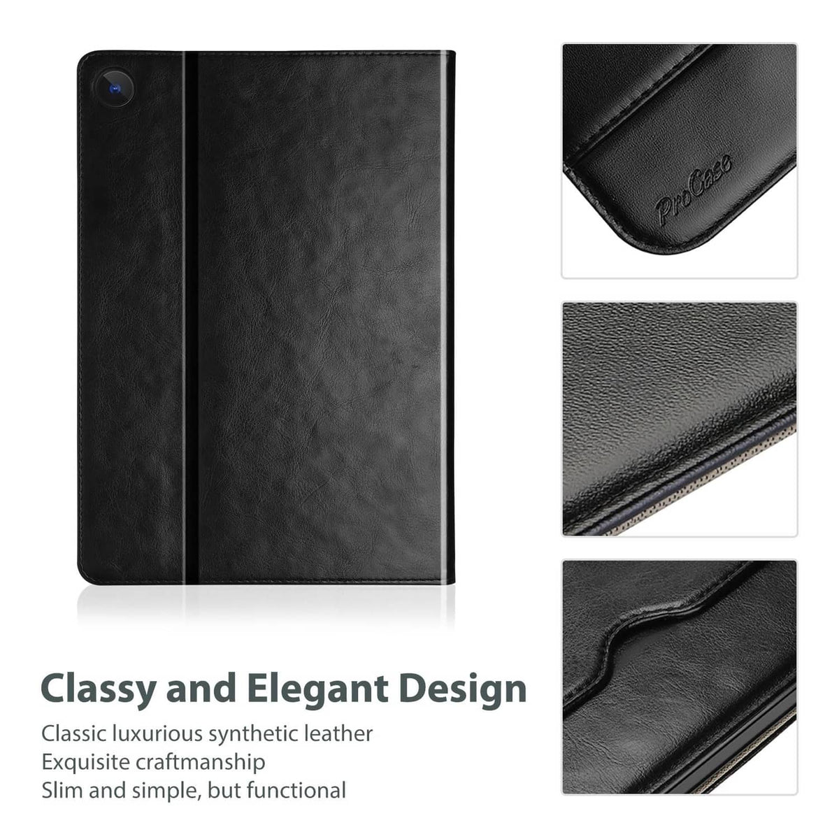 Black textured folio tablet case with stitched edges and corner detail