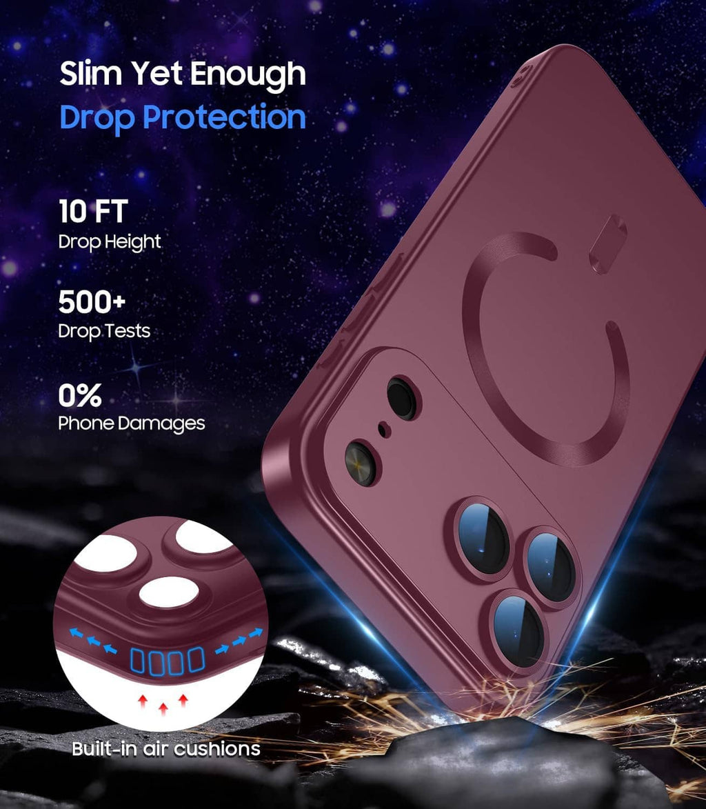 Burgundy MagSafe iPhone case with rugged corners and camera cutouts