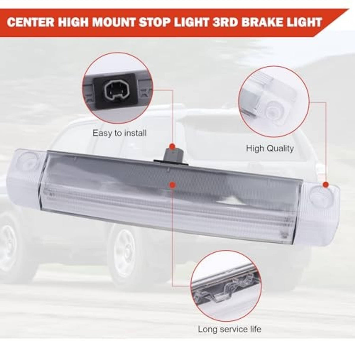 Clear rectangular third brake light with center mounting post and electrical connector