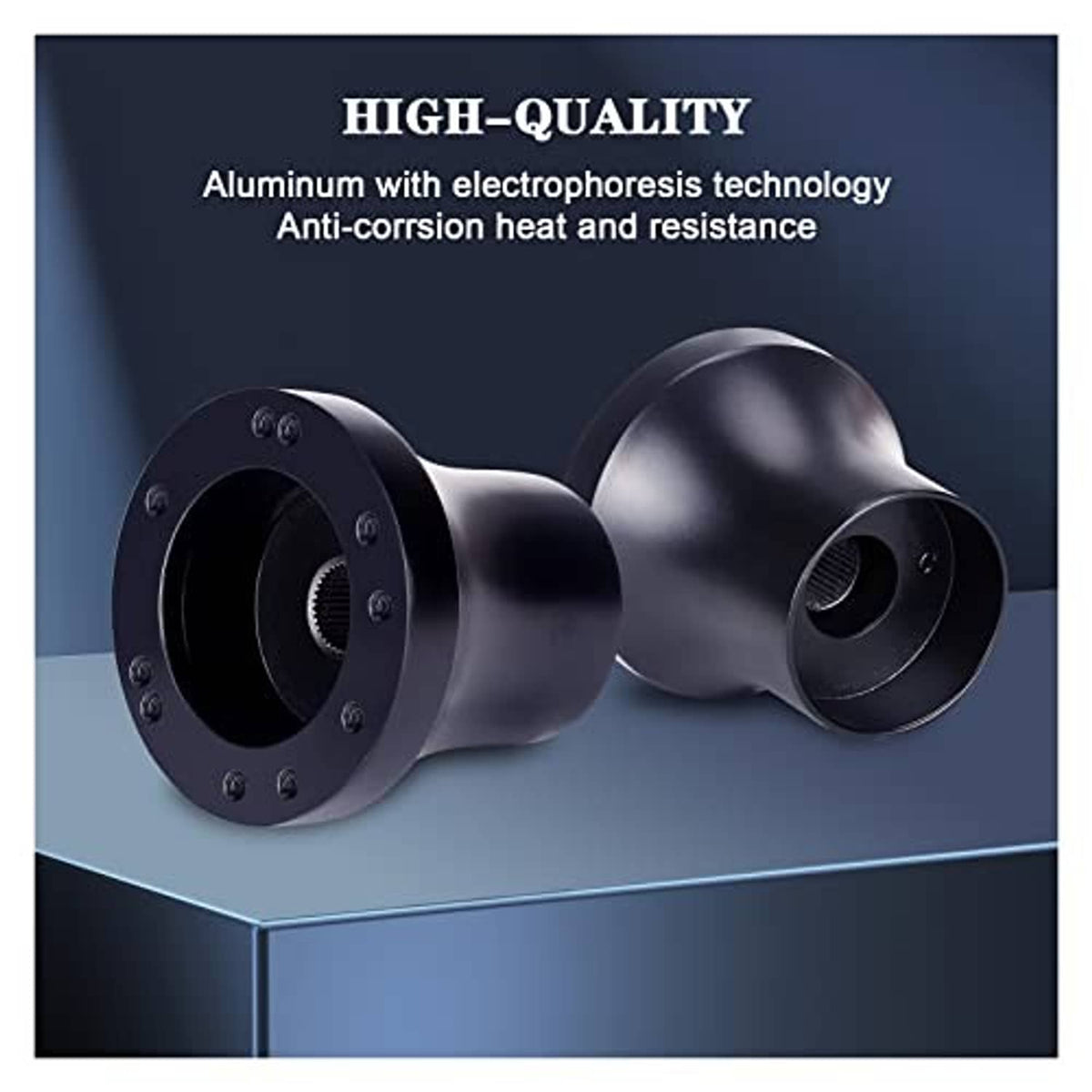 Black steering wheel adapter hub set with central splined openings and mounting bolts