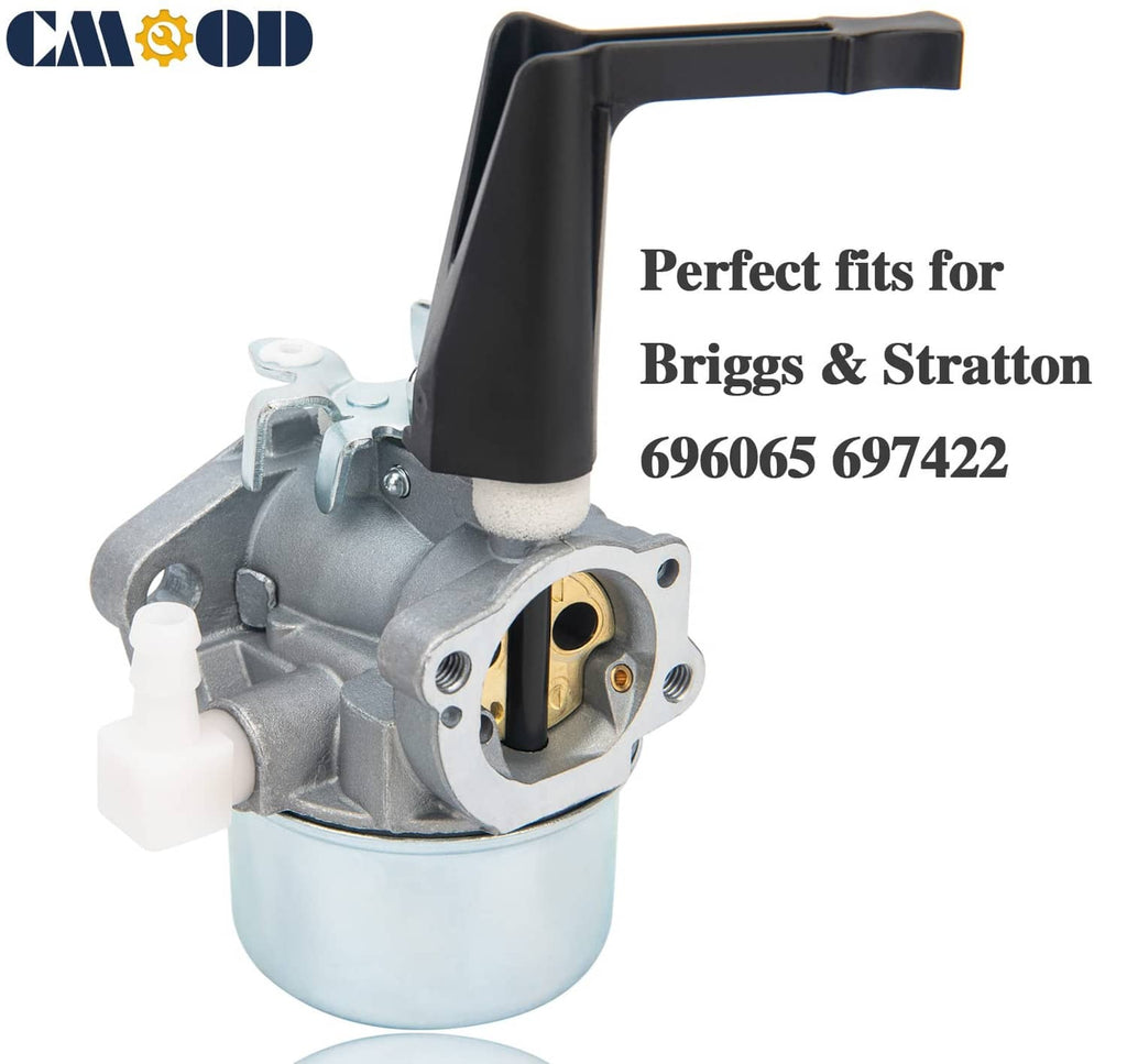 Carburetor with black intake tube, mounting base, and fuel line fittings