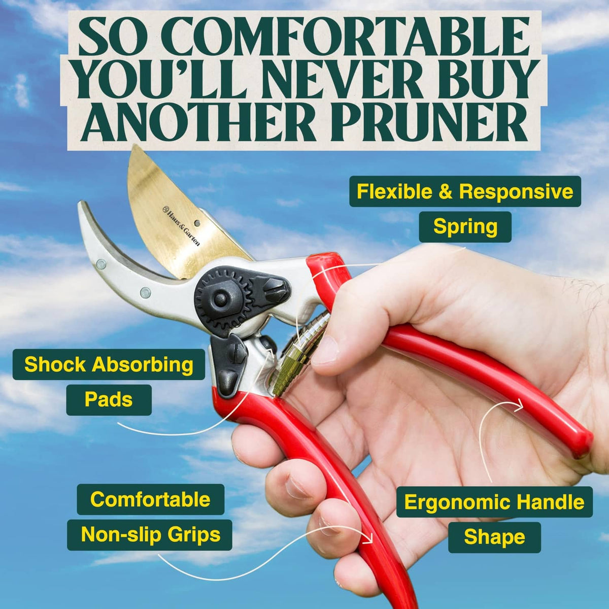 Red hand pruner with gold blade, black gear mechanism, and grippy ergonomic handle