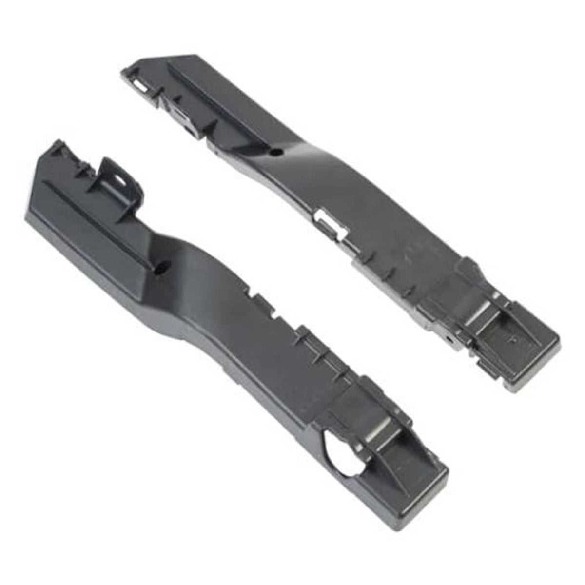 Front bumper bracket pair, black plastic with mounting clips and tabs