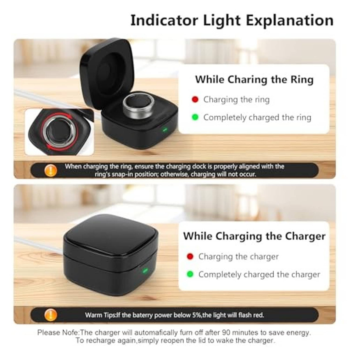 Black charging case with lid open, ring slot, and green indicator light