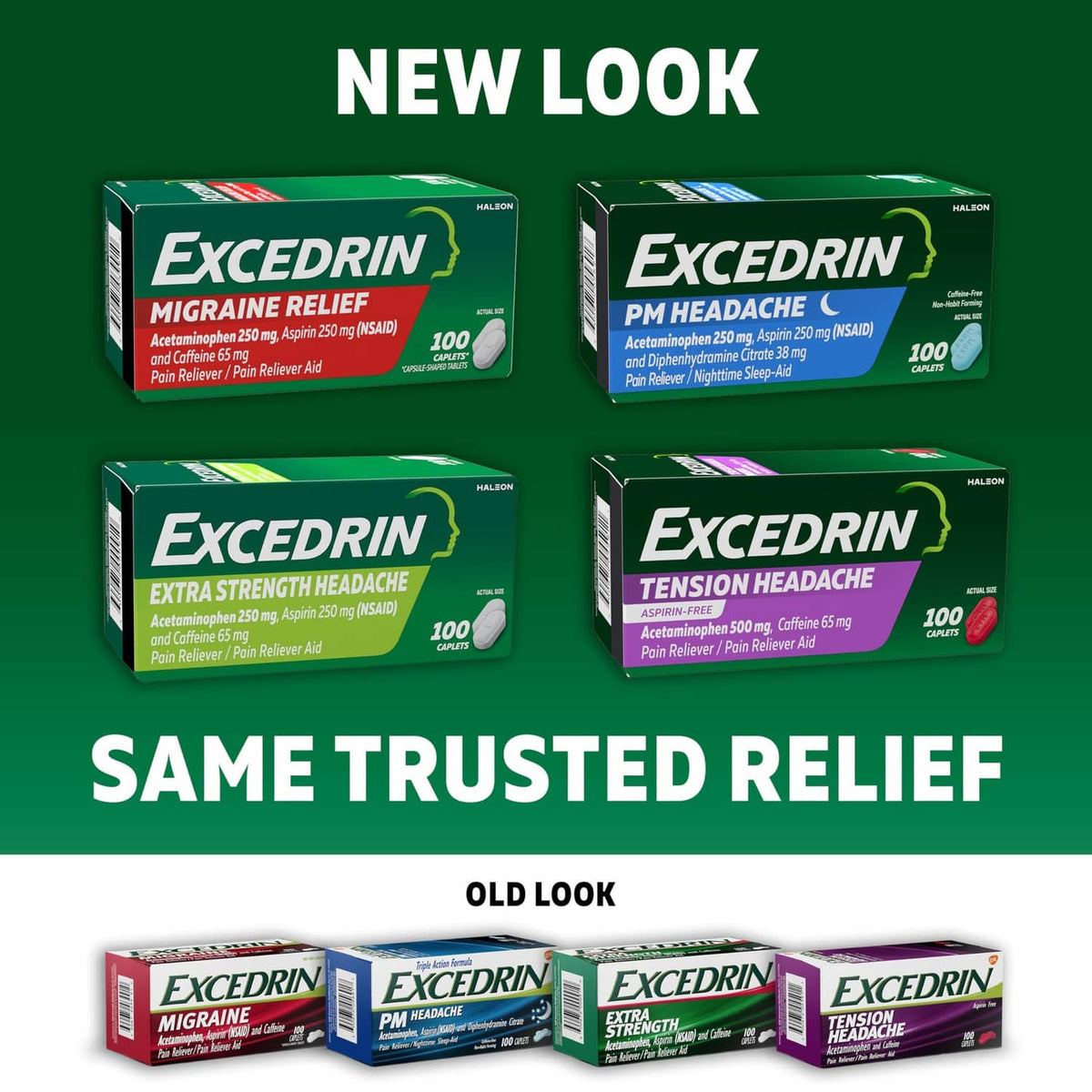 Headache relief caplets variety lineup with green-and-blue boxes on display