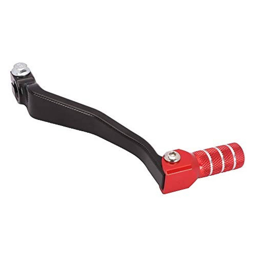 Motorcycle CNC shift lever with red knurled grip tip and black arm, folding hinge