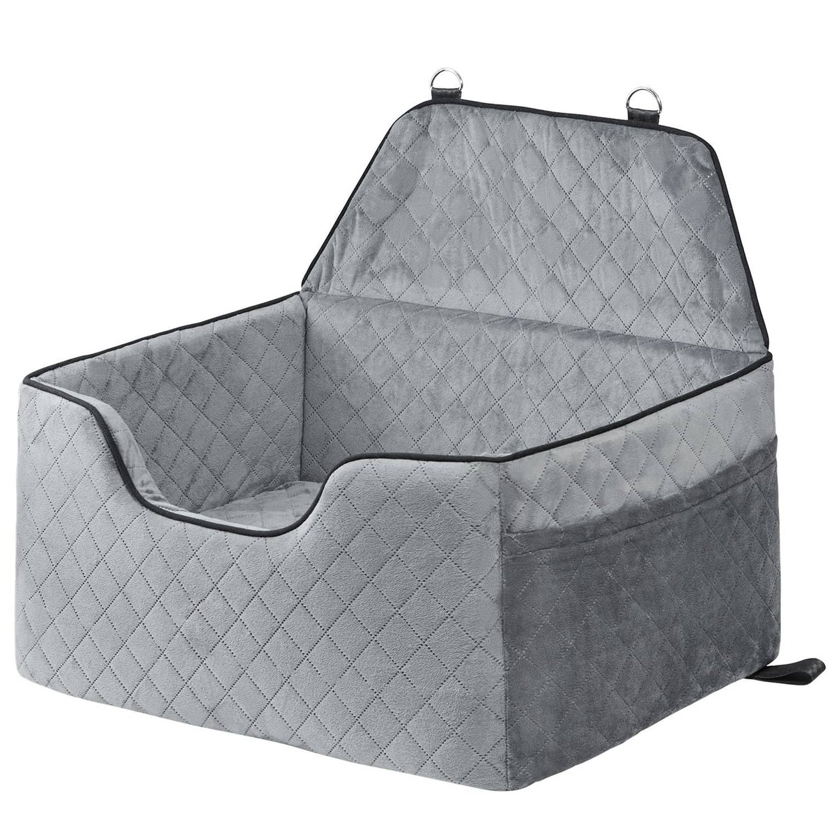 Gray quilted dog booster car seat with side bolster and front opening