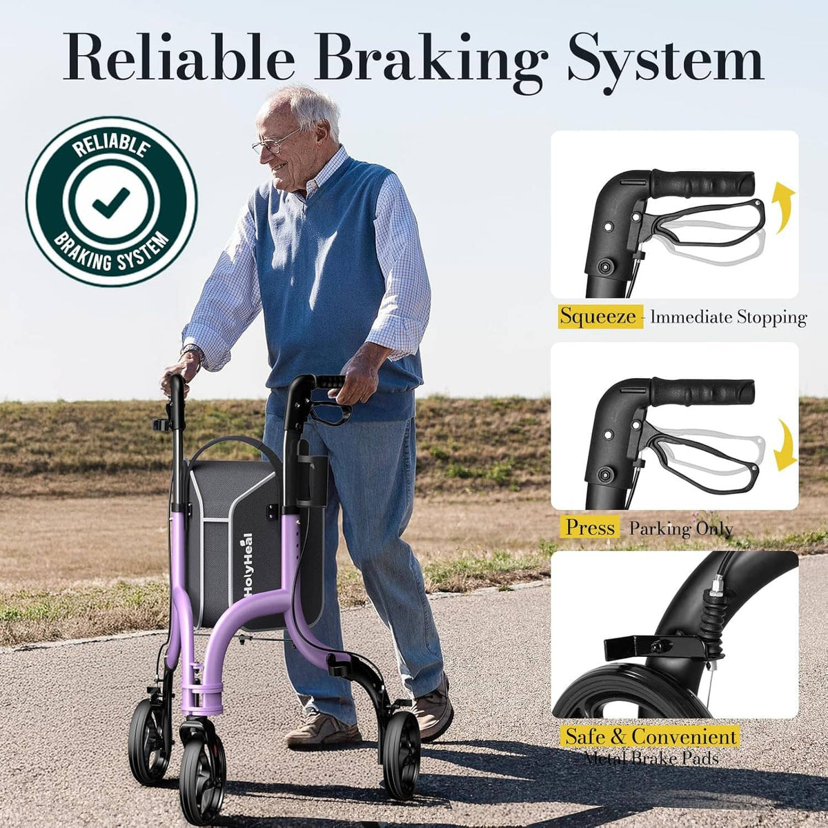 3-wheel rollator walker with brake system controls, purple frame and handle