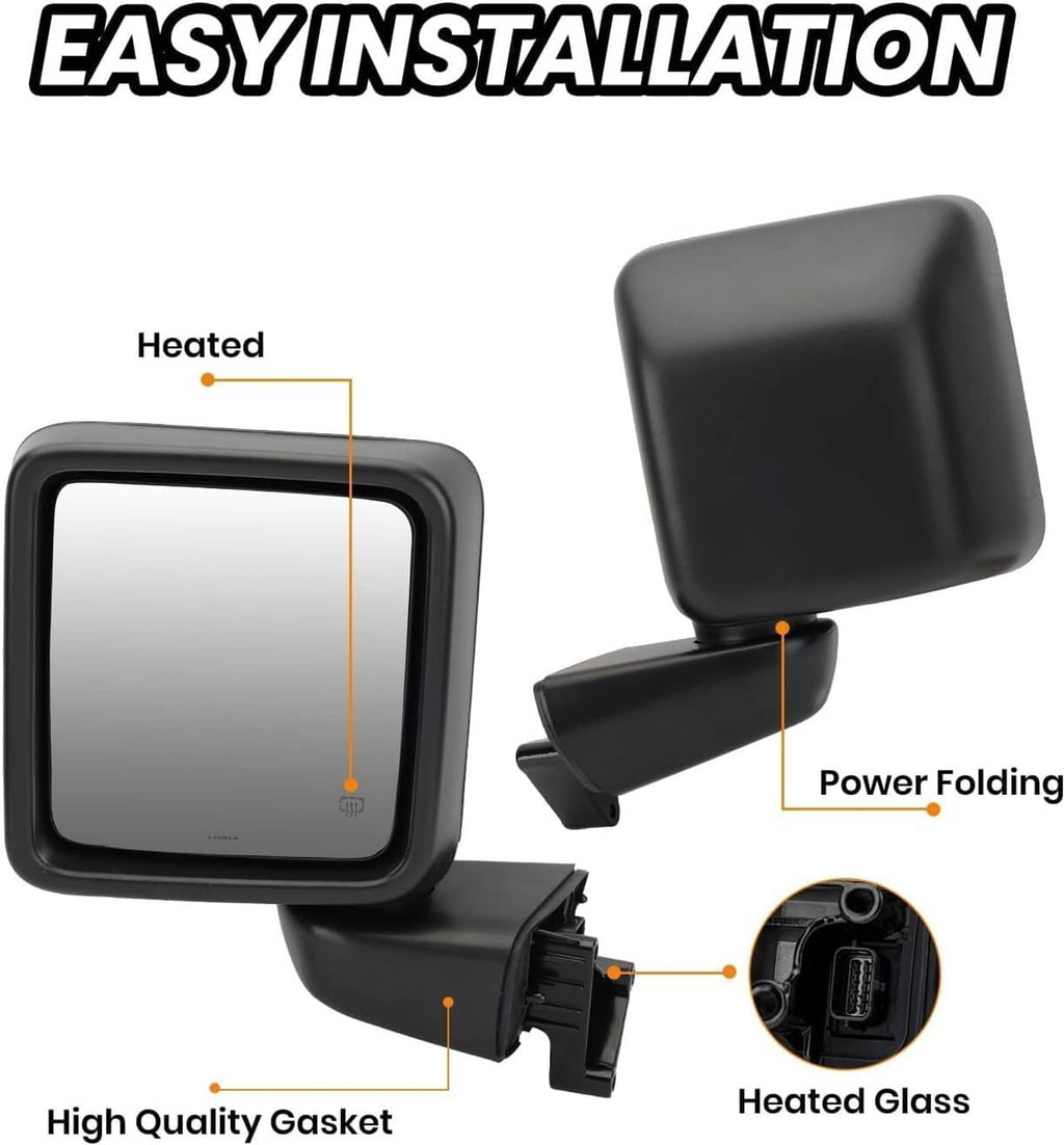 Black left power heated side mirror with power folding and heated glass panel