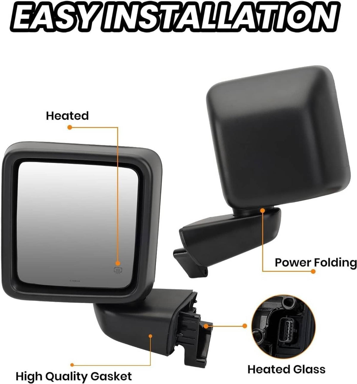 Black left power heated side mirror with power folding and heated glass panel